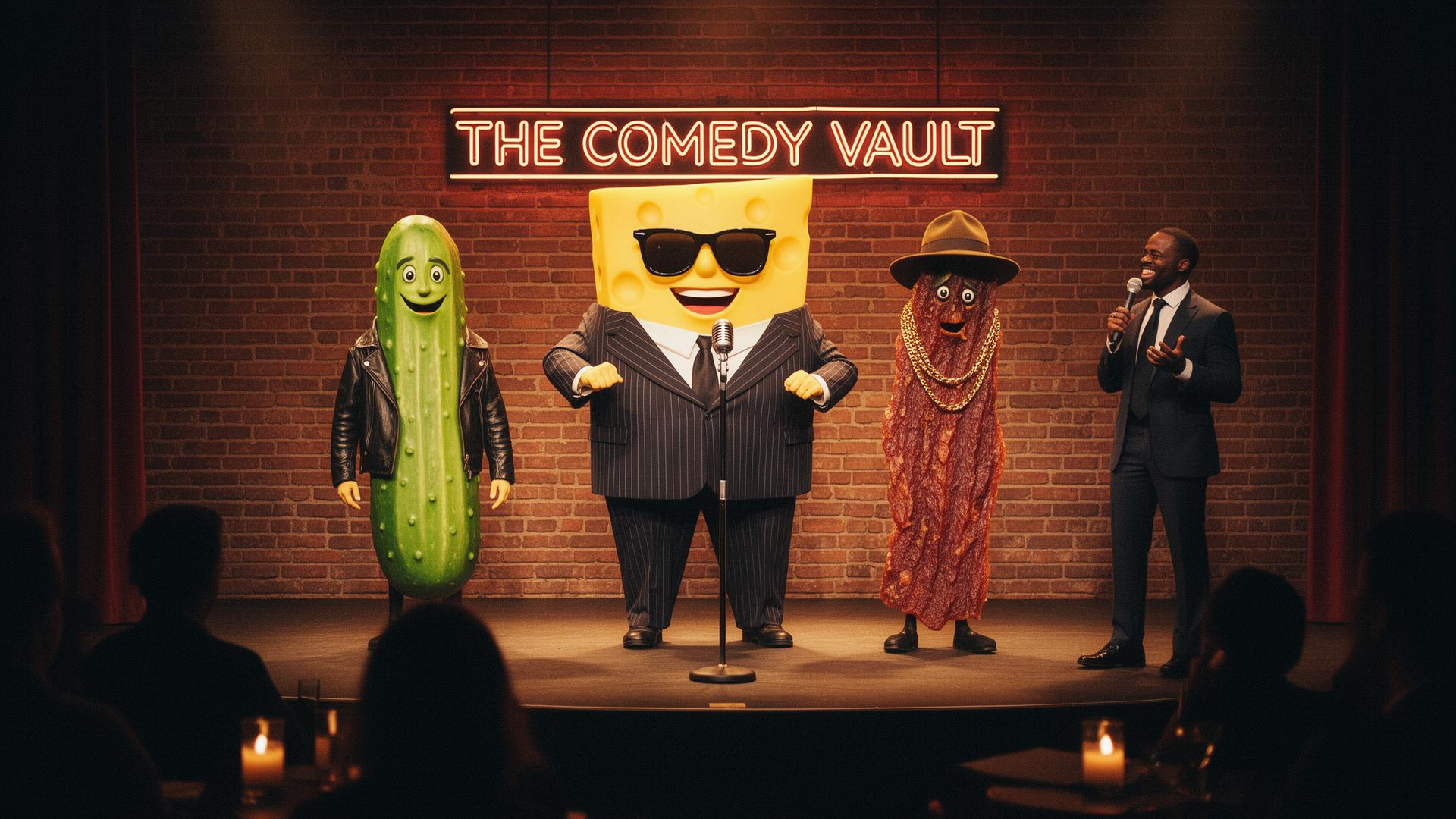 The Big Cheese, Dilly, Johnny Jerky, and Sammy Swiss on stage at The Comedy Vault