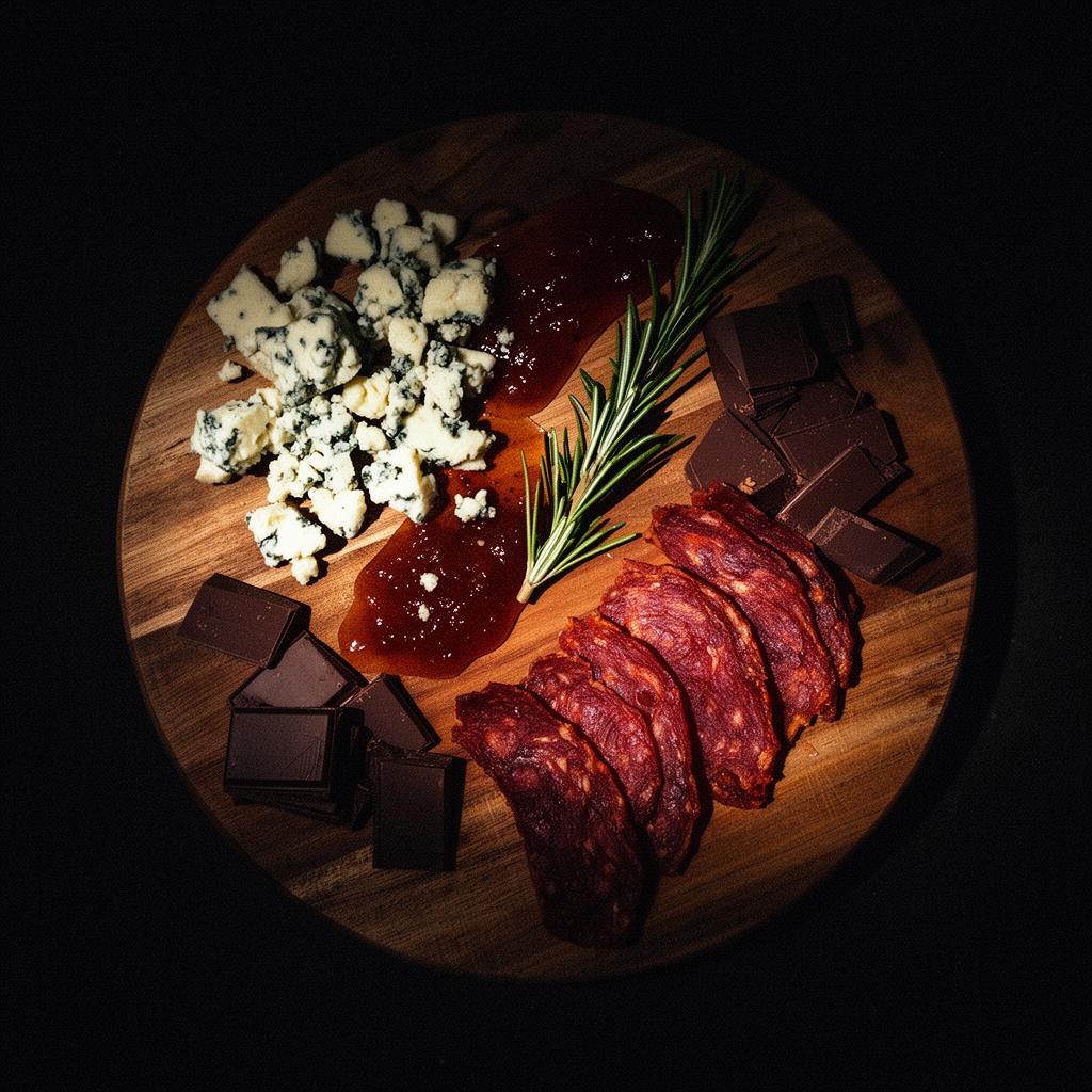 Charcuterie board with blue cheese, jerky, dark chocolate and fig jam